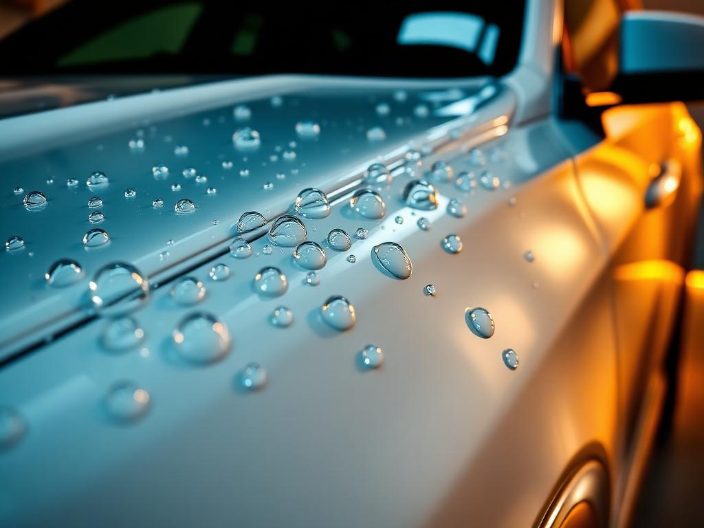 Water beading on a ceramic coated car hood