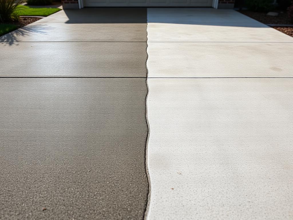 Concrete driveway half dirty and half freshly pressure washed
